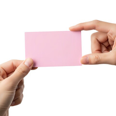 Obraz premium PNG of A close-up of two hands holding a blank pink card, suggesting creativity or personalization.
