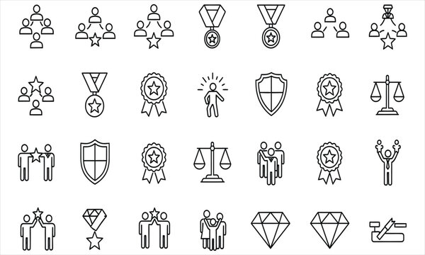 Modern outline vector icon set symbolizing success, achievement, recognition, quality, teamwork, and justice for business and values