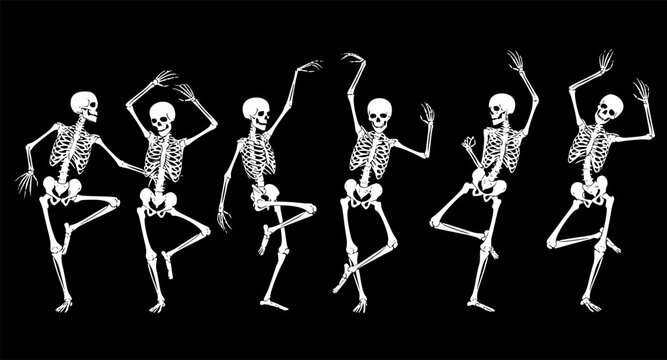 Dancing Human bones skeletons. Different skeleton poses set isolated on black dark background vector illustration. 