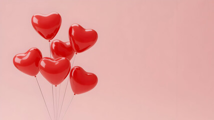 A cluster of vibrant red heart shaped balloons floats against a soft pink background