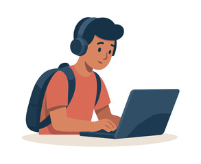 Student studying with laptop, headphones and backpack, flat vector illustration