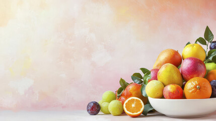 Vibrant bowl of assorted fruits including apples, oranges, grapes, and plums, beautifully arranged against soft pastel