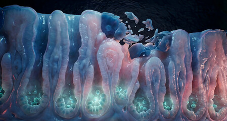 Microscopic Cross-Section of Gastric Mucosa: Epithelial Cell Shedding (Apoptosis) and Stem Cell Regeneration in Gastric Pits 