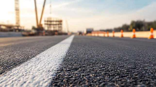 Road under construction, showing traffic cones, a newly painted road line, and heavy machinery in the distance. The road ahead symbolizes progress and connectivity.