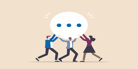 Teamwork concept people supporting a speech bubble with ellipsis points