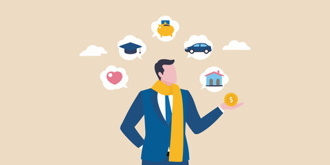 A man juggling icons representing life goals and financial priorities