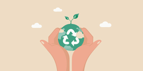 Hands cradling earth with recycling symbol emphasizing environmental protection