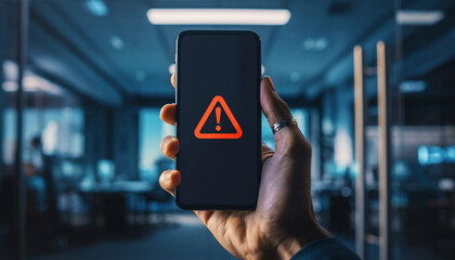 Mobile Alert: A hand grips a sleek smartphone, its screen boldly displaying a red alert icon. The image speaks of urgency, and digital risk.