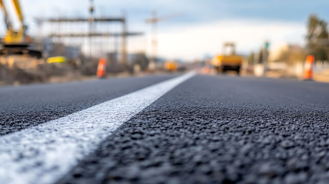 Fototapeta A newly paved road stretches into the distance, guiding with a crisp white line. Construction equipment and cones hint at ongoing improvements, promising smoother journeys ahead.