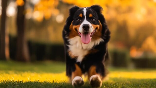 Smiling Bernese Mountain Dog walks across grassy lawn in golden sunlight