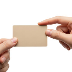 Obraz premium PNG of Two hands, one male and one female, exchanging a blank card in a neutral setting.