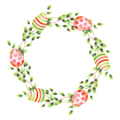 Wreath of willows branches and easter eggs. Handmade watercolor illustration. For fabric, wallpaper, packing paper, greeting cards, design, decoration and illustration.