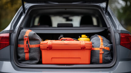 Essential car emergency kit with jumper cables and safety flare in vehicle trunk