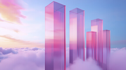 Floating crystalline city with tall pink towers rises above fluffy clouds, creating serene and dreamlike atmosphere