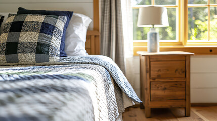 Cozy farmhouse bedroom featuring quilted bedspread, decorative pillows, and wooden nightstand with lamp. Natural light