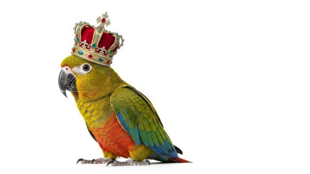 parrot wearing a gold ornate crown, queen or king crown, on a white background, animal photo