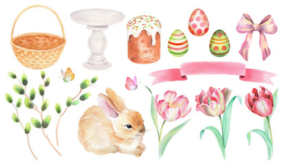 Set of easter watercolor objects. Handmade illustration of rabbit, basket, willow, tulips, easter eggs, butterflies, bow, ribbon, kulich cake and stand cake