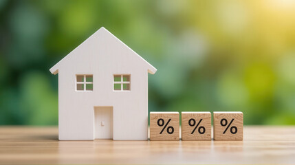 Real estate property investment house mortgage modern concept showing small model house and percent blocks reflecting