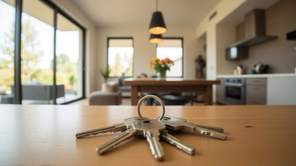 Modern key on wooden table in bright living room realestate property investment house mortgage business smiling new homeowner