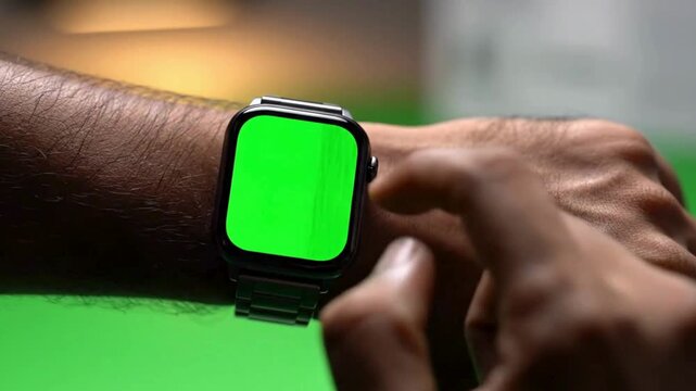 Close up of a person interacting with a smartwatch featuring a bright green screen for easy custom content replacement