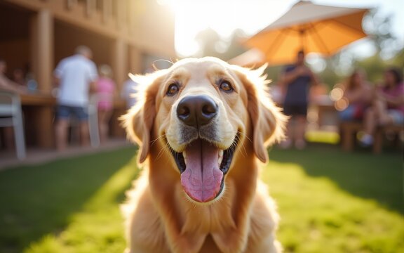 A cheerful golden retriever enjoys a sunny barbecue, with people in the background. The image captures a joyful moment during a warm, social gathering outdoors. High quality - Powered by Adobe