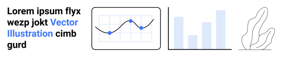 Data analysis, business reporting, digital presentation, academic research, web design, creativity. Line graph, bar chart abstract decorative elements and placeholder text. Data analysis