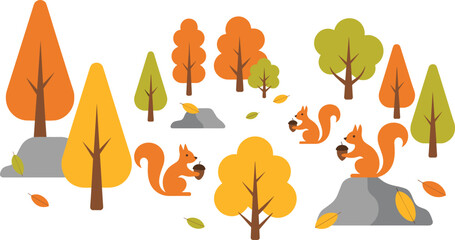 Autumn forest illustration with squirrels holding acorns, colorful fall trees, seasonal nature landscape, flat minimalist woodland vector art design ©  Creative vectors