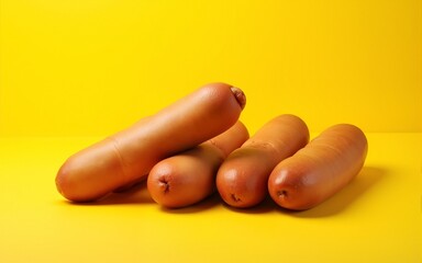 a group of hot dogs sitting on top of a yellow table. High quality