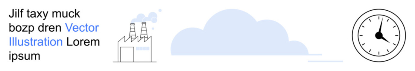 Environmental impact, climate change, time management, industrial production, air quality concerns, corporate responsibility. Factory with chimneys emitting smoke, a cloud, and clock icons