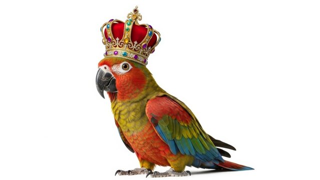 parrot wearing a gold ornate crown, queen or king crown, on a white background, animal photo
