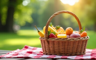 Public Garden Picnic Banner Featuring a Straw Basket Full of Delicious Food, Ideal for Family Party Invitations in a Summer City Park. High quality