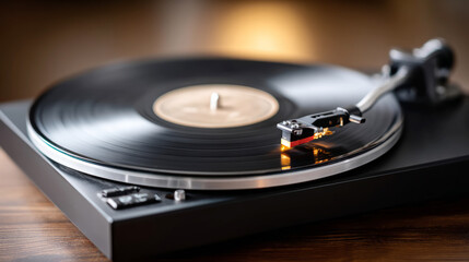 Vintage vinyl record spinning with light reflections on turntable for music enthusiasts and retro design