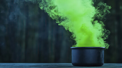 Mysterious cauldron emits vibrant green smoke, creating enchanting atmosphere. swirling mist captivates viewer imagination