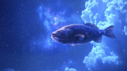 Giant fish swimming through starry sky, surrounded by clouds, creates surreal and dreamlike atmosphere