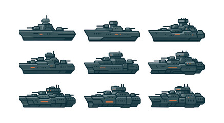 Battleship fleet collection, naval vessels and warships, flat vector illustration