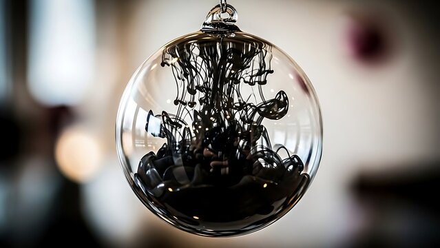 Abstract Glass Christmas Bauble Filled with Swirling Black Ink and Smoke - Powered by Adobe