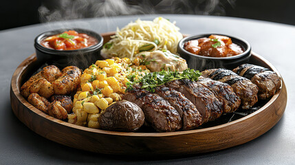 Gourmet platter featuring assorted dishes including grilled meats, corn, and vegetables, served with sauces. presentation