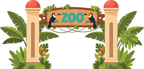 Cartoon Flat Vector Illustration of a Tropical Zoo Entrance Gate with Toucans, Lush Jungle Foliage, and Banana Plants on a White Background.