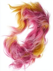 Pink and yellow fluffy fur texture in dynamic organic shape isolated on white background. Soft voluminous strands with long fibers and gradient color transition. 