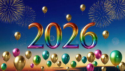 2026 rainbow metallic number balloons and gold balloons floating in sky with colorful fireworks, festive celebration atmosphere at sunset, joyful and vibrant party scene