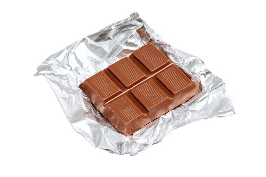 Milk chocolate bar isolated on transparent background, unwrapped in foil - Powered by Adobe
