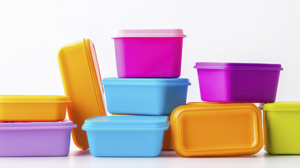 Colorful plastic storage containers stacked together, showcasing vibrant hues of pink, yellow, blue, and purple. These eco