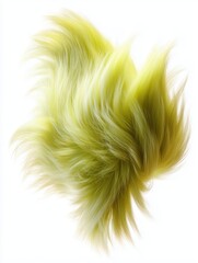 Bright yellow fluffy fur texture with long flowing strands in organic shape isolated on white background. Soft detailed macro close-up with smooth hair fibers