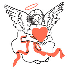 Obraz premium Cute female angel cupid illustration. Isolated vintage whimsical girl cherub, little angel with bow and ribbon in doodle line art tattoo style for poster, placard or wedding invitation design.