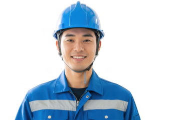 Smiling asian man wearing a blue hard hat and reflective work uniform isolated on transparent background