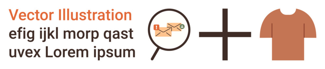 Communication tools, e-commerce, clothing industry, digital marketing, branding, mail services. A magnifying glass over an email, a plus sign and a t-shirt. Communication tools and e-commerce