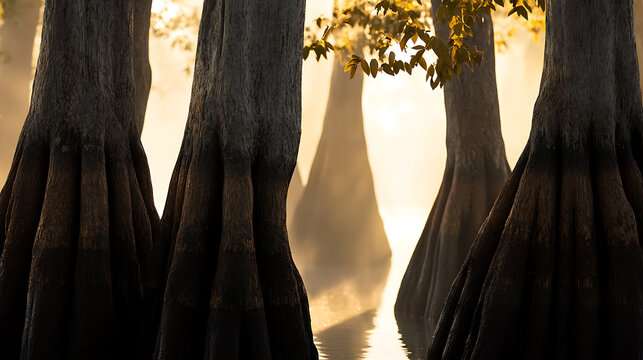 Captivating image showcasing the intricate root system of trees emerging from a tranquil body of water, illuminated by a warm, golden light that adds a mystical touch.