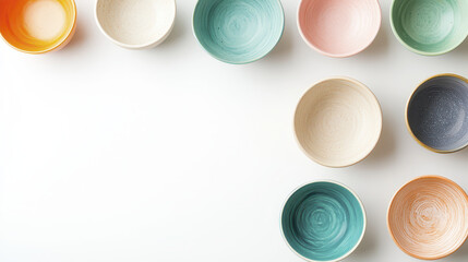 Colorful ceramic bowls arranged in creative layout on white background, showcasing various pastel shades and textures