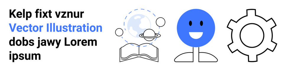 Blue smiling face emotion, book with orbiting planet, and gear design. Ideal for education, science, technology, creativity, learning, innovation and simple landing page