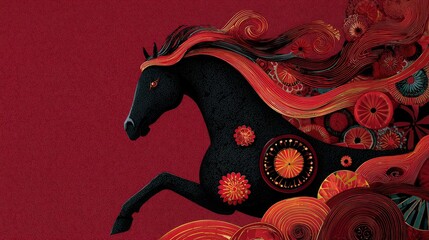 Majestic Black Horse with Vibrant Floral Patterns on Red Background